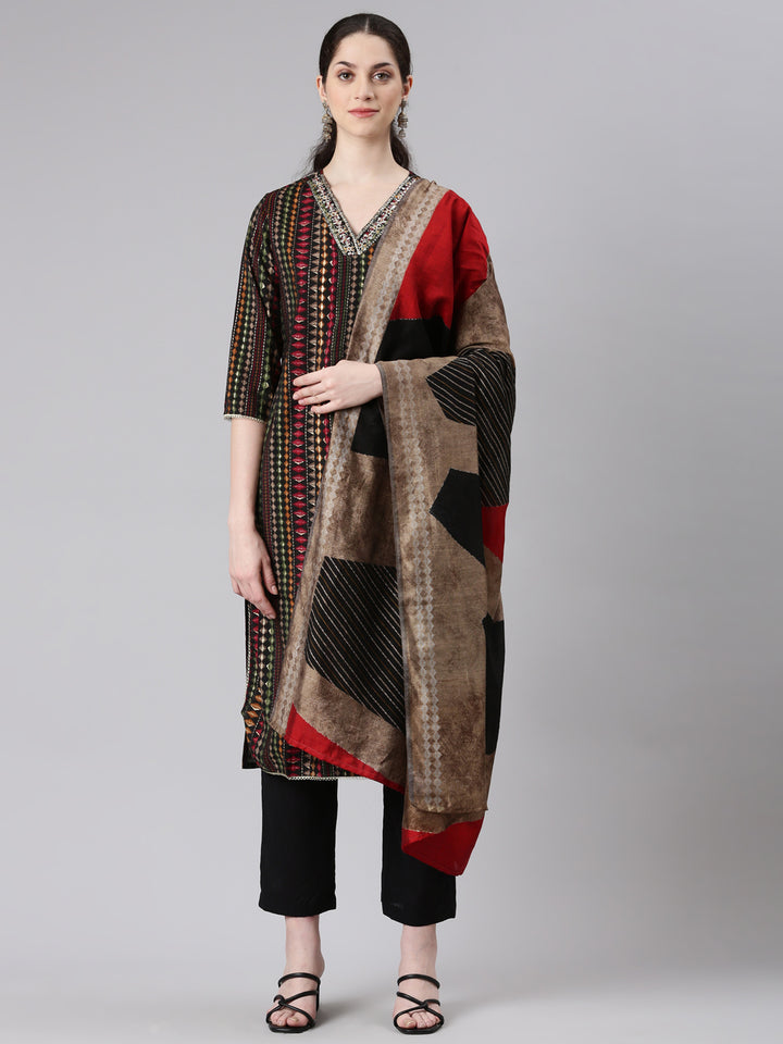 Neerus Black straight kurta suit set with trouser and dupatta - front view