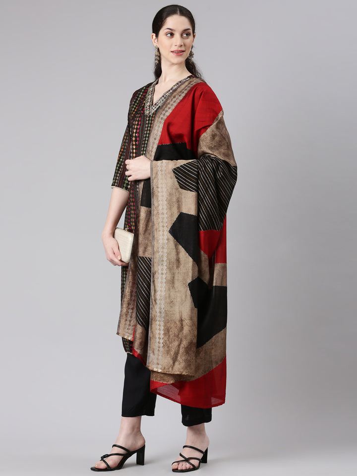 Neerus Black straight kurta suit set with trouser and dupatta - detail view 2