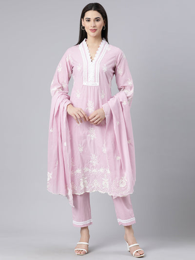 Neerus Pink Panelled Straight Yoke Design Kurta And Trousers With Dupatta