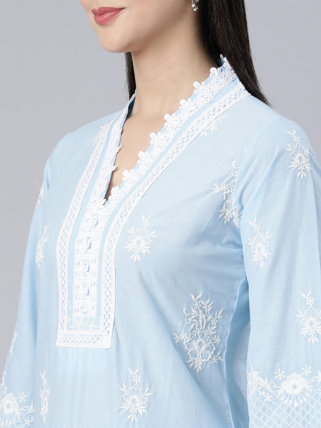Neerus Blue panelled straight kurta suit set with dupatta - detail view 2