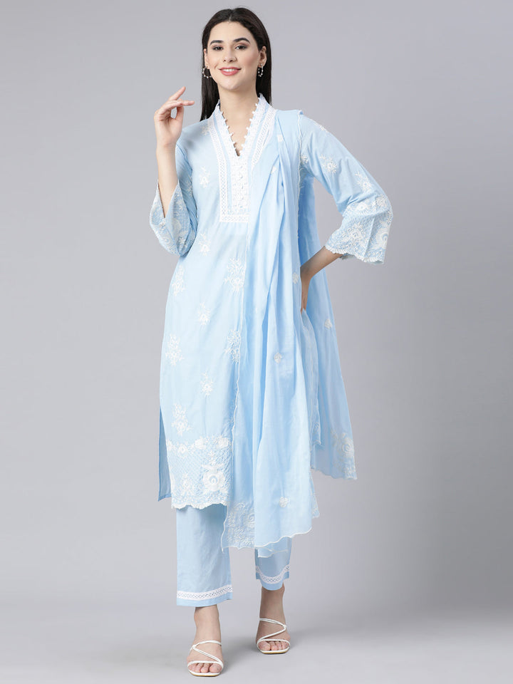 Neerus Blue panelled straight kurta suit set with dupatta - front view