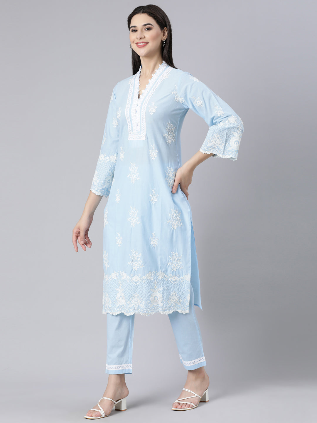 Neerus Blue panelled straight kurta suit set with dupatta - back view