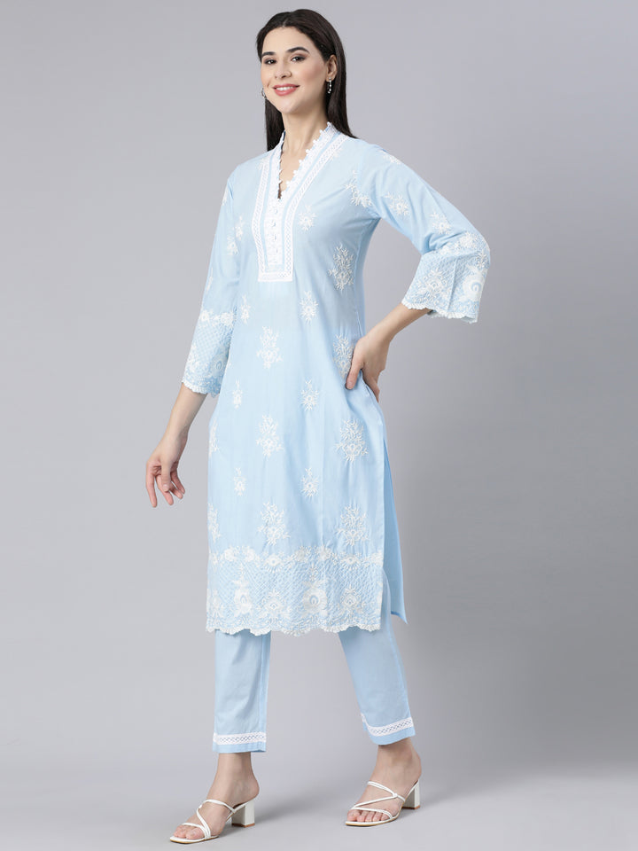 Neerus Blue panelled straight kurta suit set with dupatta - back view