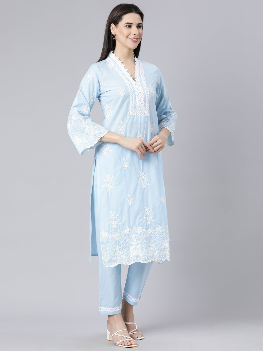 Neerus Blue panelled straight kurta suit set with dupatta - side view