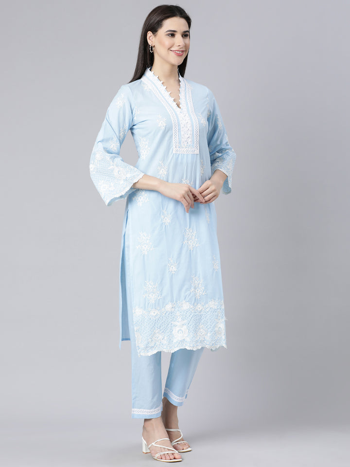 Neerus Blue panelled straight kurta suit set with dupatta - side view