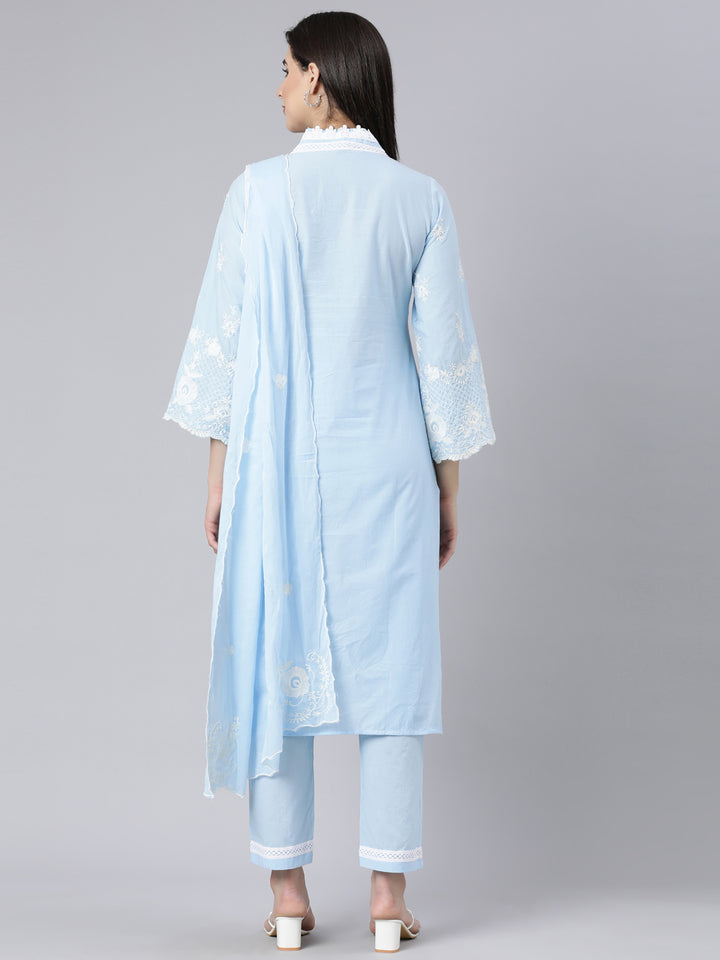 Neerus Blue panelled straight kurta suit set with dupatta - detail view 1