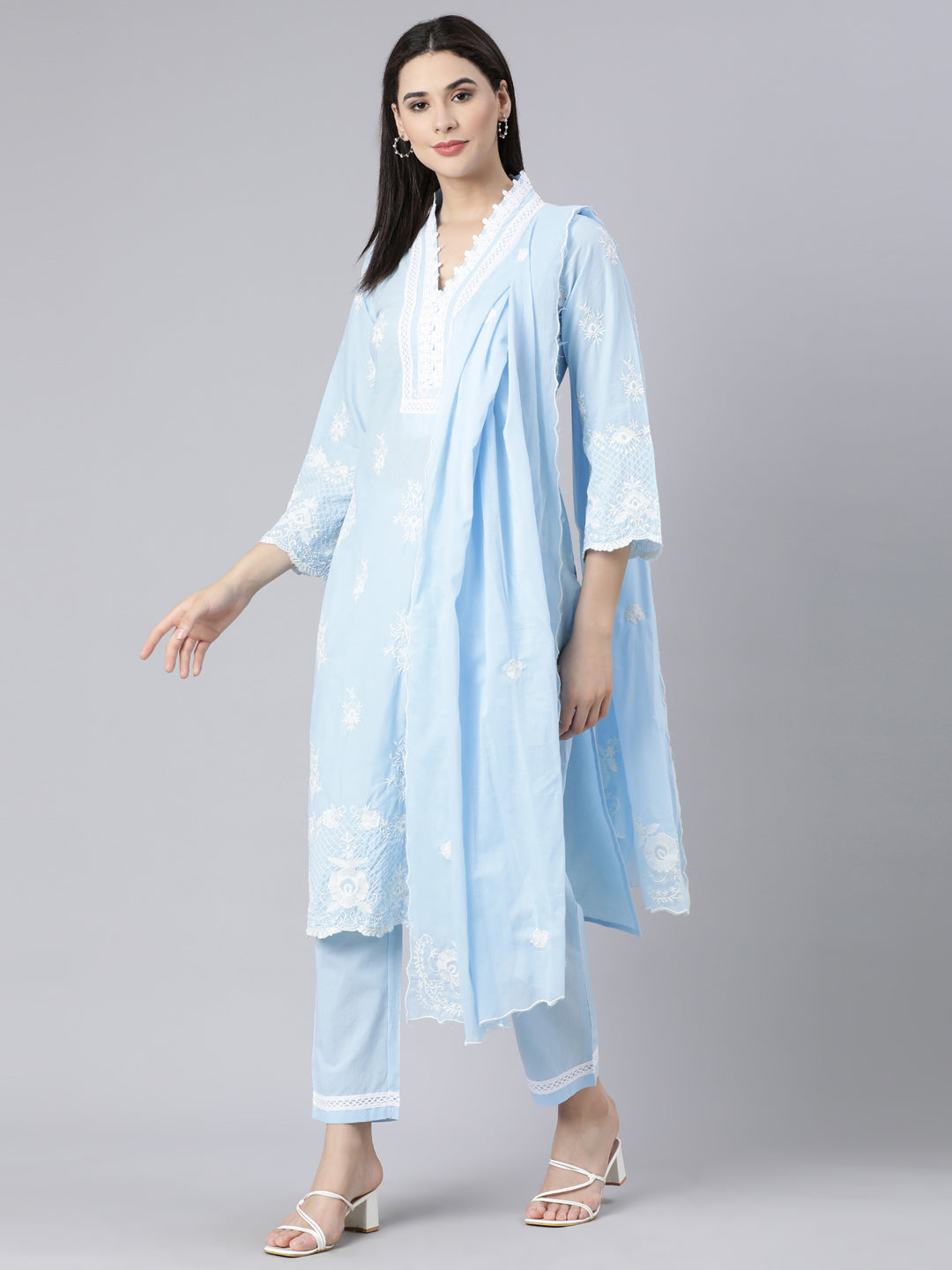 Neerus Blue panelled straight kurta suit set with dupatta - detail view 3