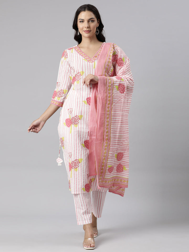 Neerus Pink printed straight suit set panelled kurta with trousers and dupatta - front view