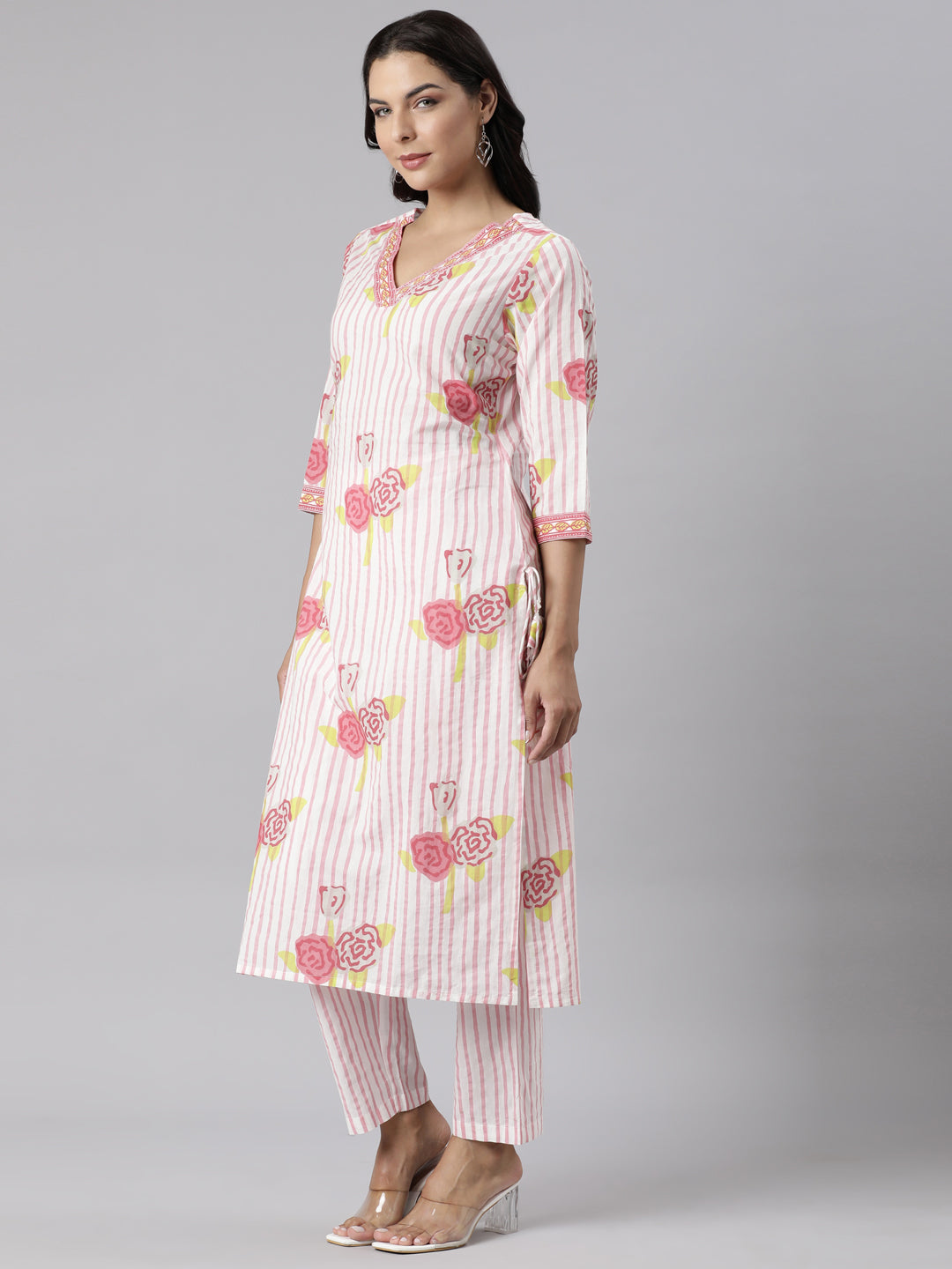 Neerus Pink printed straight suit set panelled kurta with trousers and dupatta - back view
