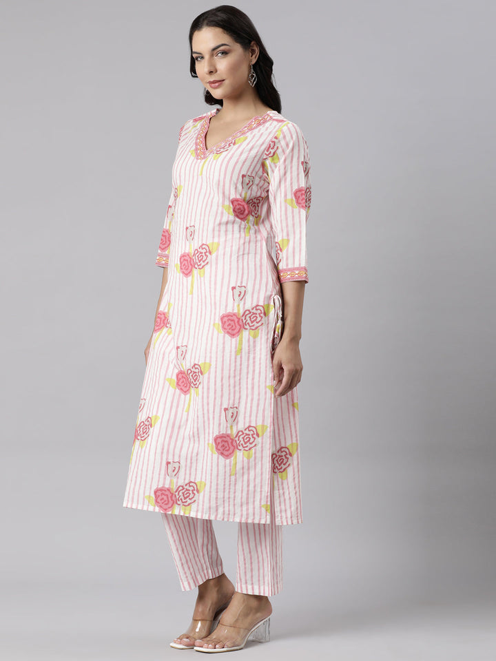 Neerus Pink printed straight suit set panelled kurta with trousers and dupatta - back view