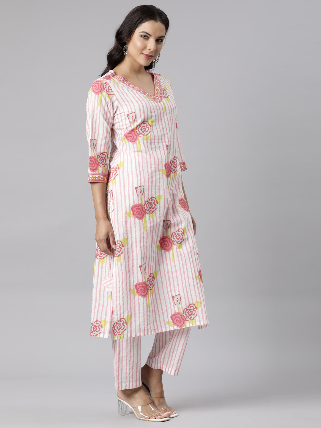 Neerus Pink printed straight suit set panelled kurta with trousers and dupatta - side view