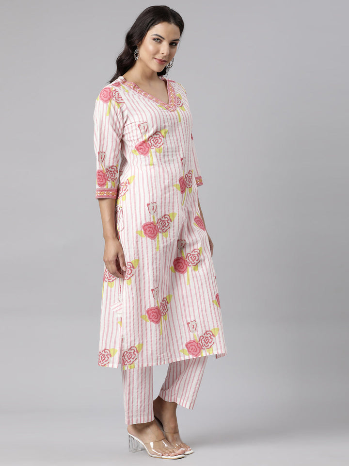 Neerus Pink printed straight suit set panelled kurta with trousers and dupatta - side view