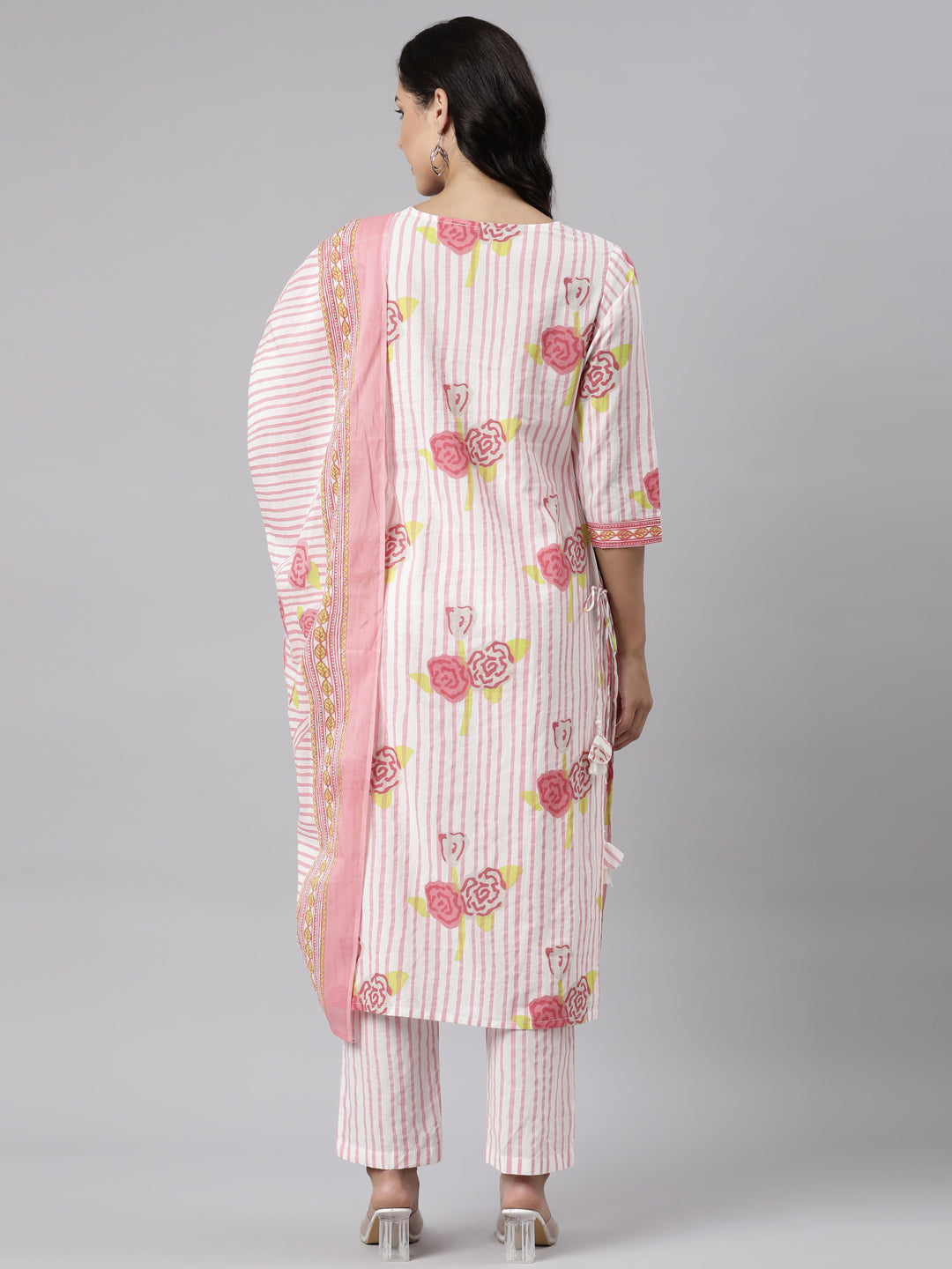 Neerus Pink printed straight suit set panelled kurta with trousers and dupatta - detail view 1