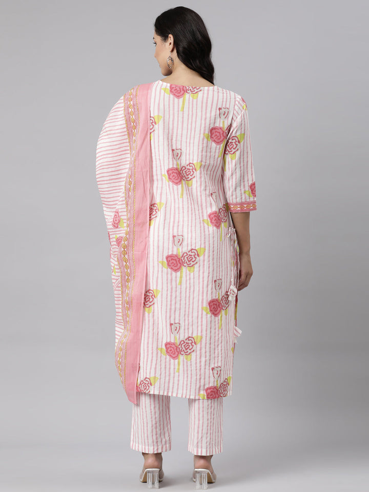 Neerus Pink printed straight suit set panelled kurta with trousers and dupatta - detail view 1