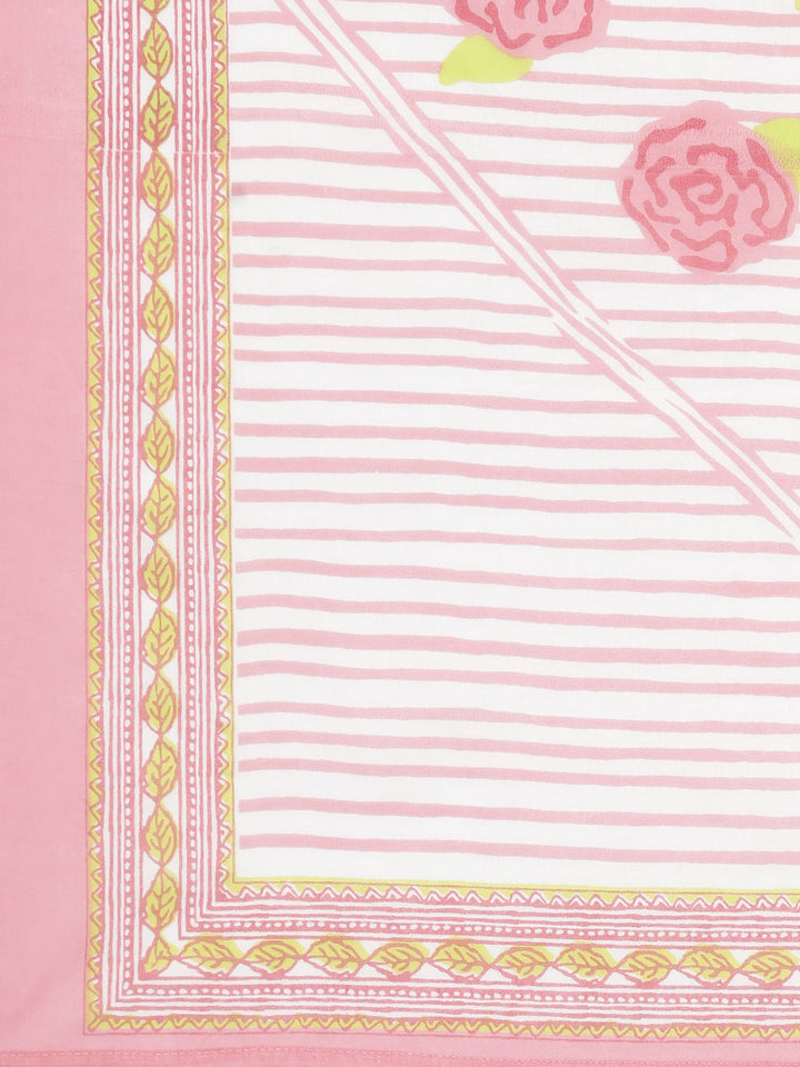 Neerus Pink printed straight suit set panelled kurta with trousers and dupatta - detail view 5