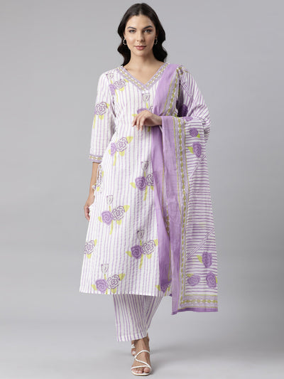 Neerus Purple Panelled Straight Printed Kurta And Trousers With Dupatta