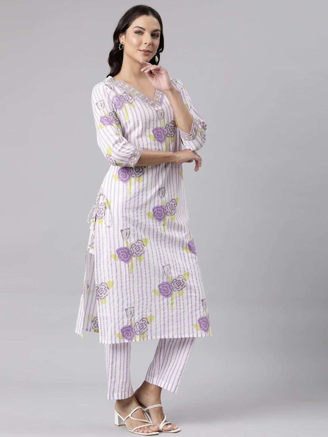 Neerus Purple Panelled Straight Printed Kurta And Trousers With Dupatta