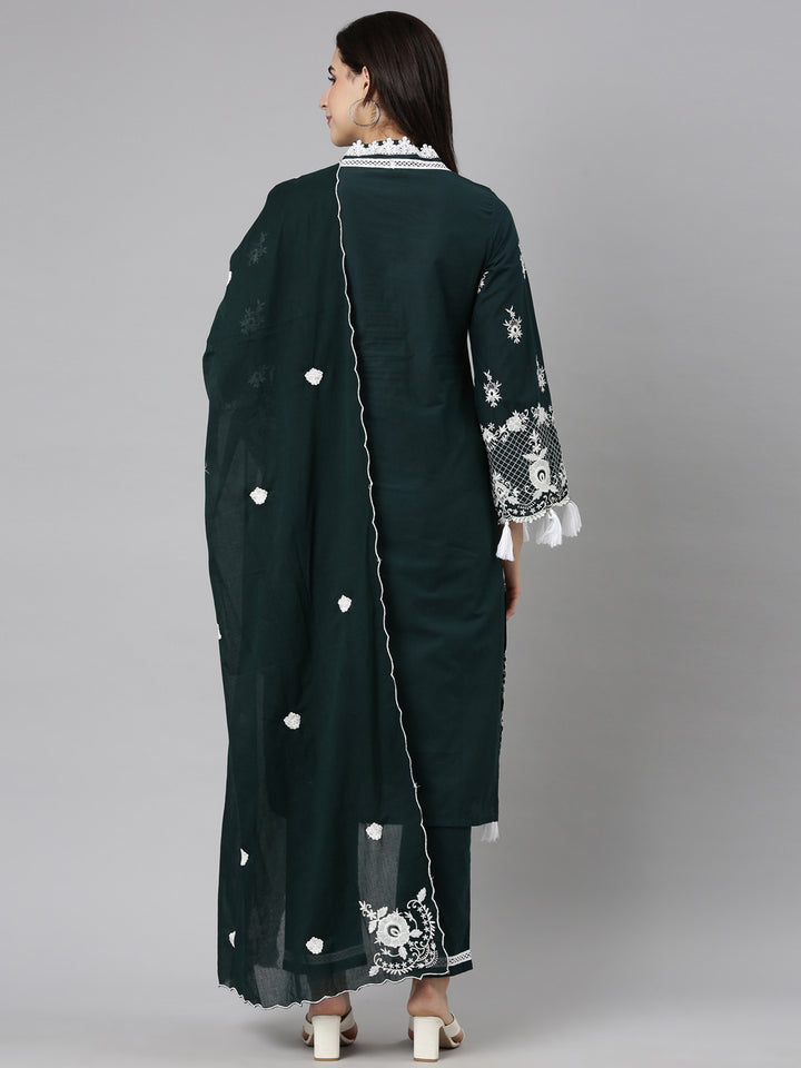 Neerus Green Regular Straight Floral Kurta And  Trousers With Dupatta