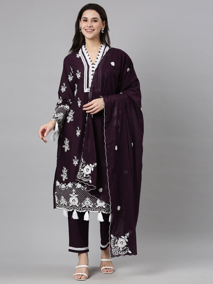 Neerus Purple Regular Straight Floral Kurta And  Trousers With Dupatta