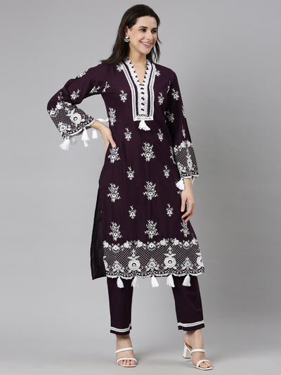 Neerus Purple Regular Straight Floral Kurta And  Trousers With Dupatta