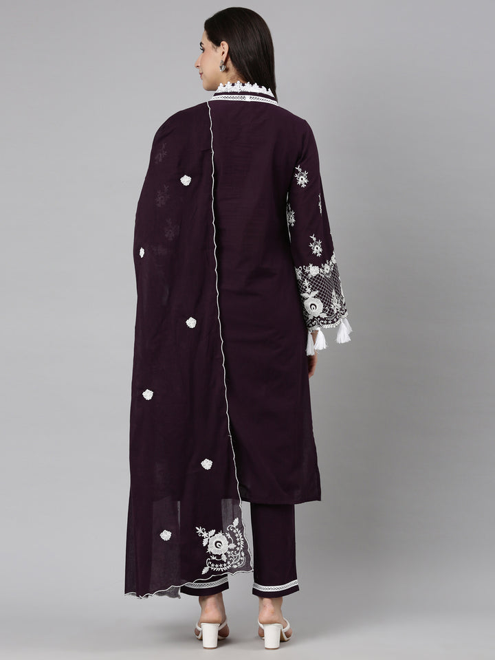 Neerus Purple Regular Straight Floral Kurta And  Trousers With Dupatta