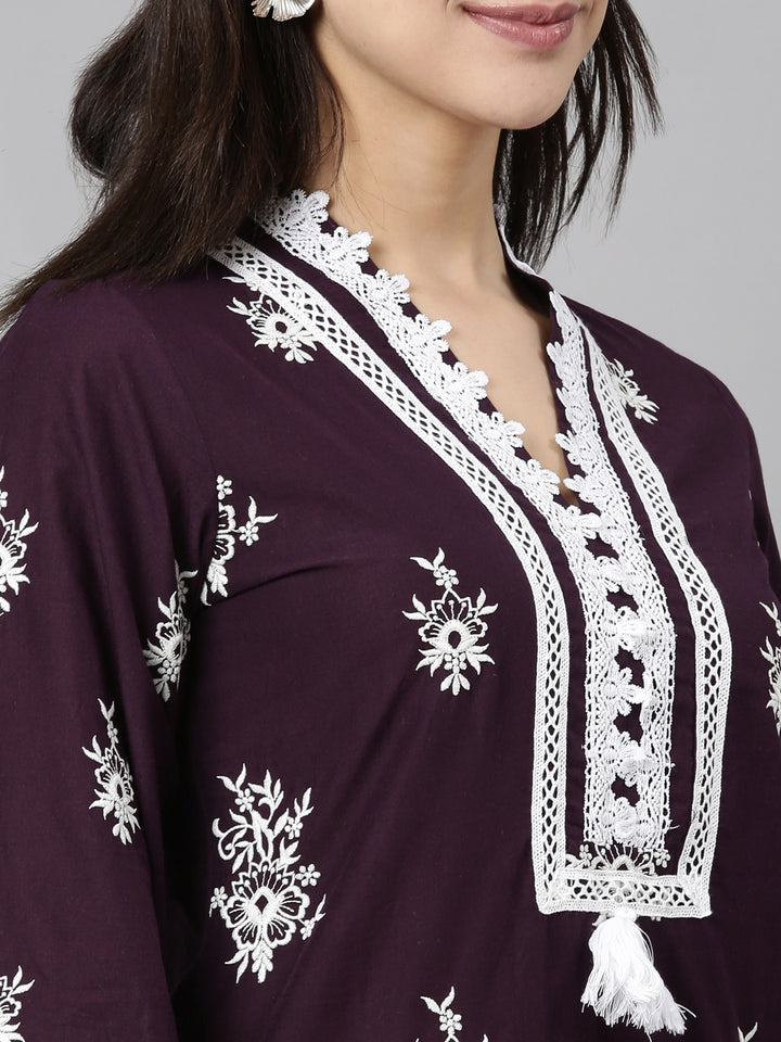 Neerus Purple Regular Straight Floral Kurta And  Trousers With Dupatta