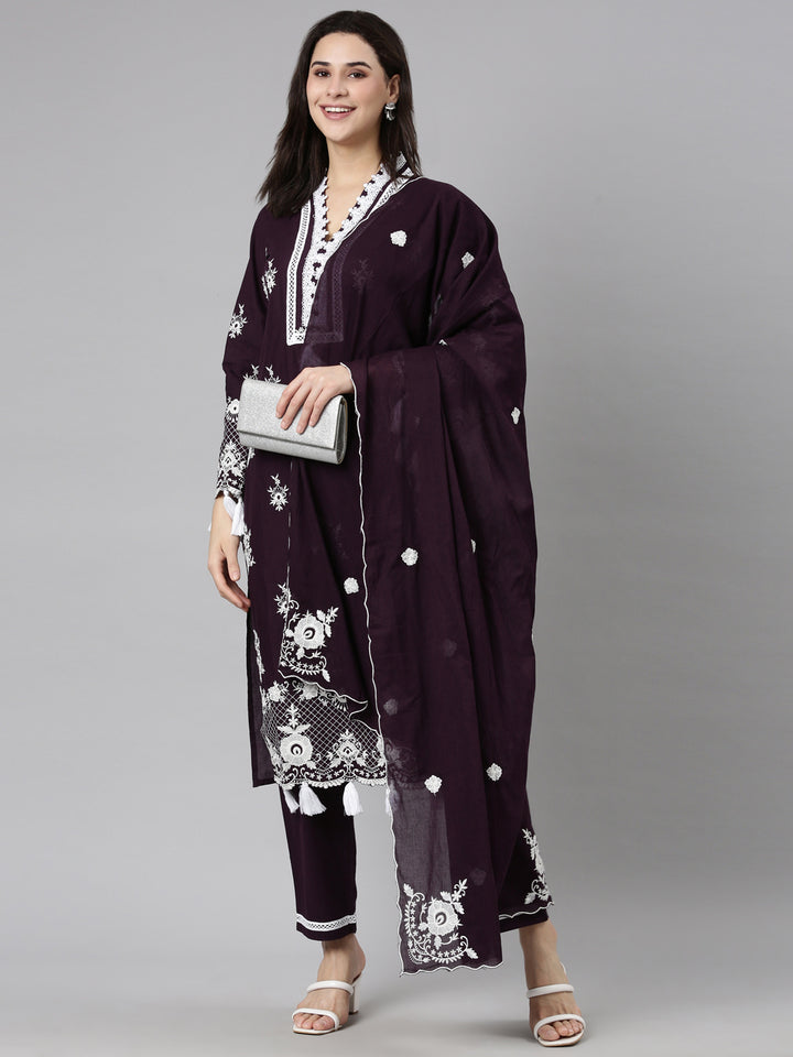 Neerus Purple Regular Straight Floral Kurta And  Trousers With Dupatta