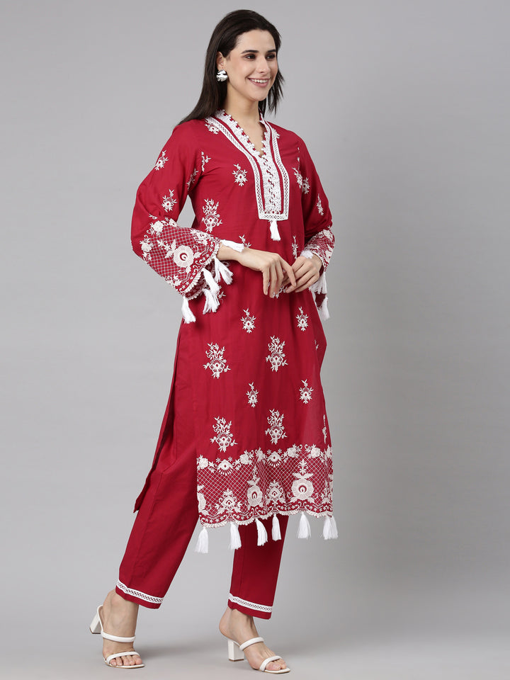 Neerus Red Regular Straight Floral Kurta And  Trousers With Dupatta
