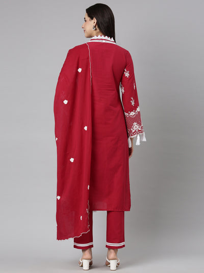Neerus Red Regular Straight Floral Kurta And  Trousers With Dupatta