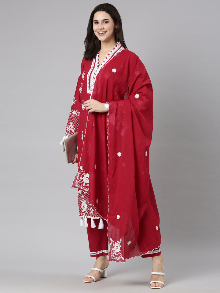 Neerus Red Regular Straight Floral Kurta And  Trousers With Dupatta