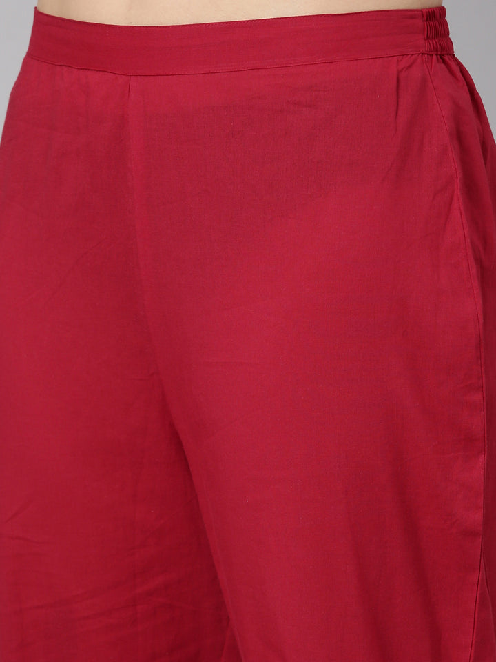 Neerus Red Regular Straight Floral Kurta And  Trousers With Dupatta