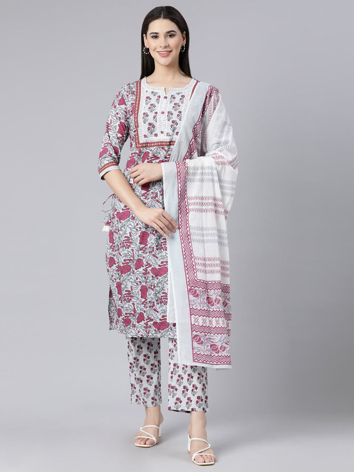 Neerus Maroon cotton printed suit set - front view