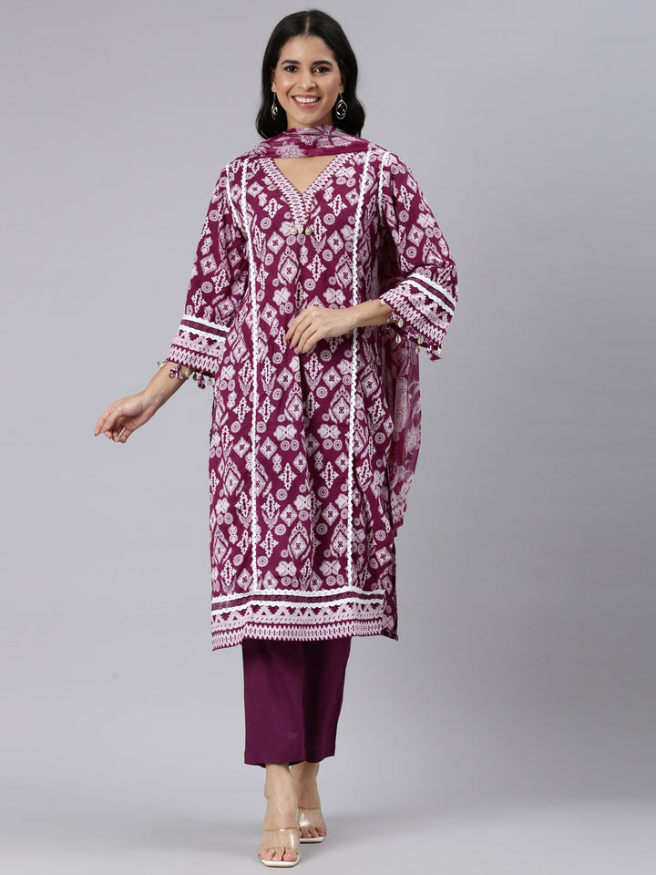 Neerus Purple Regular Straight Printed Kurta and Trousers With Dupatta