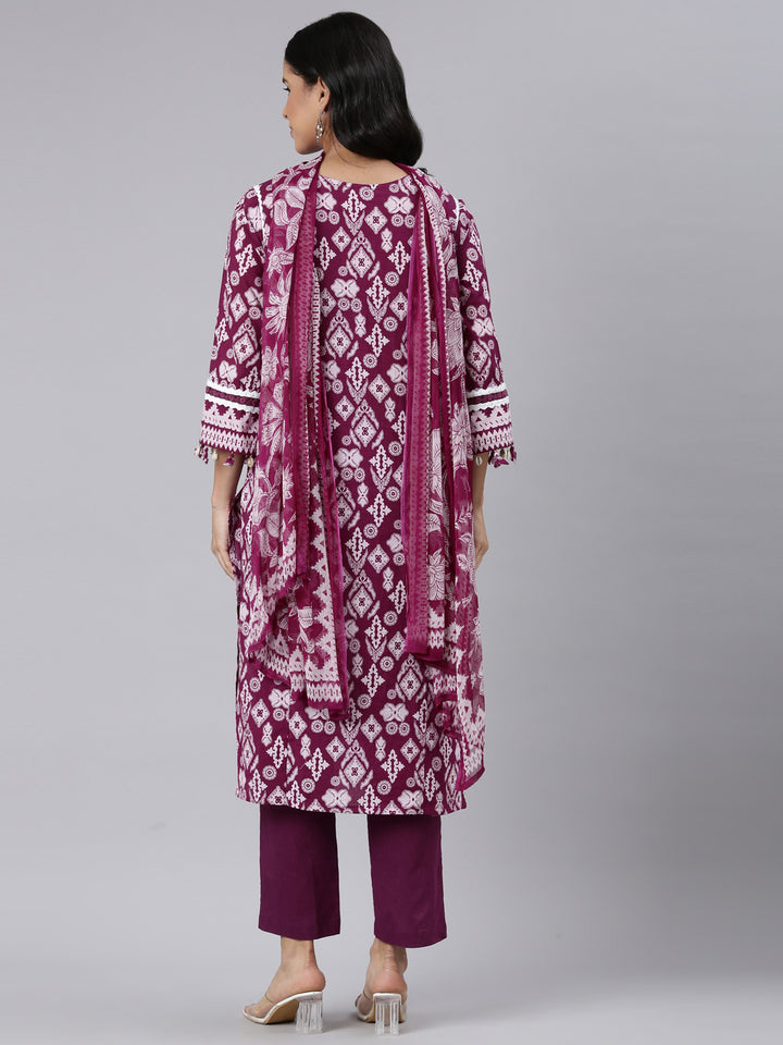 Neerus Purple Regular Straight Printed Kurta and Trousers With Dupatta