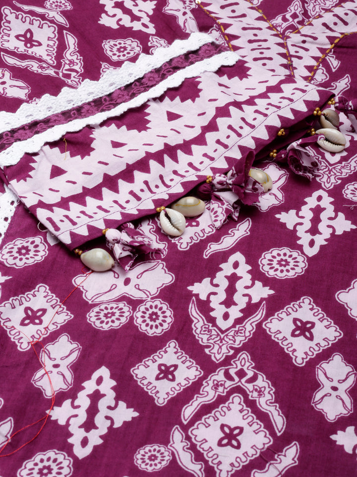 Neerus Purple Regular Straight Printed Kurta and Trousers With Dupatta