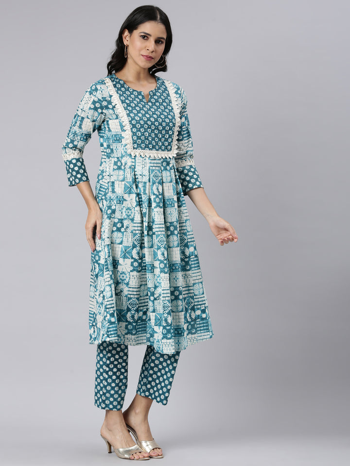 Neerus Blue Panelled Curved Printed Kurta and Trousers With Dupatta