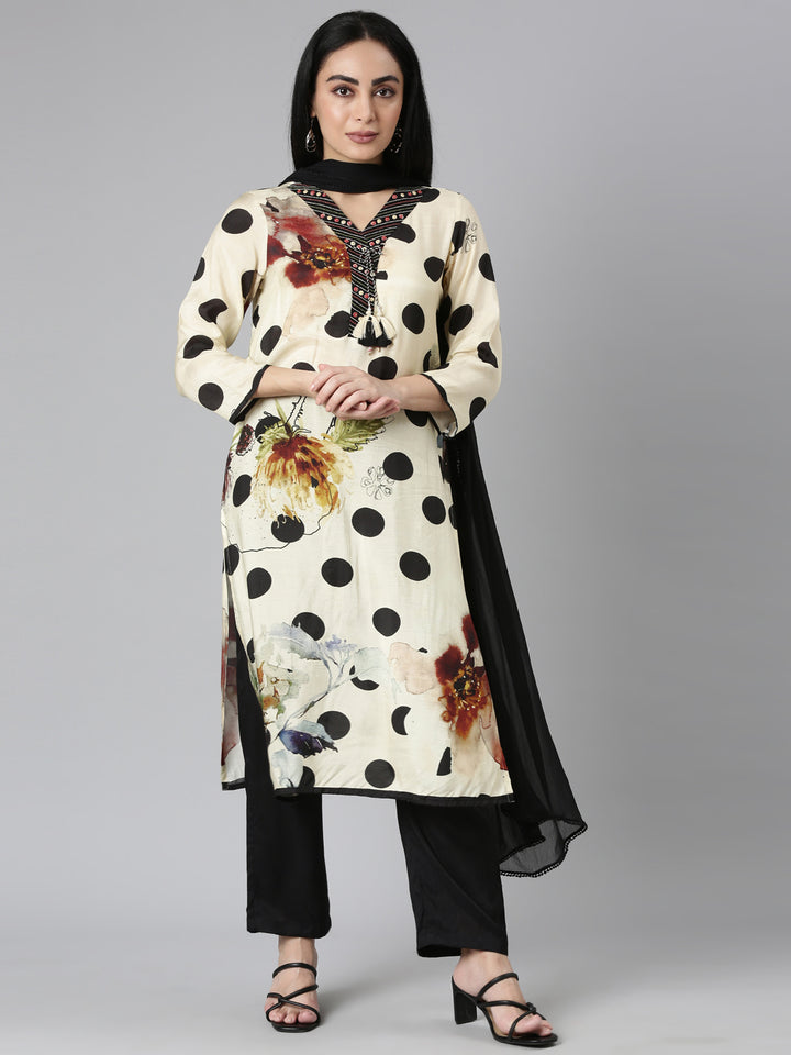 Neerus Beige Regular Straight Printed Kurta and Trousers With Dupatta