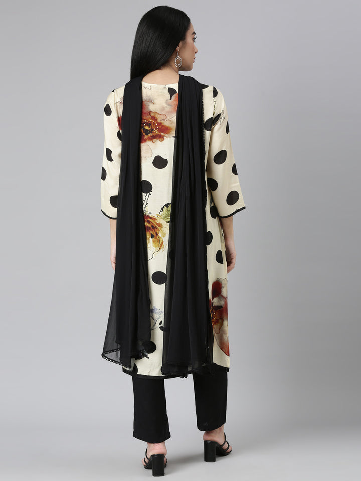 Neerus Beige Regular Straight Printed Kurta and Trousers With Dupatta