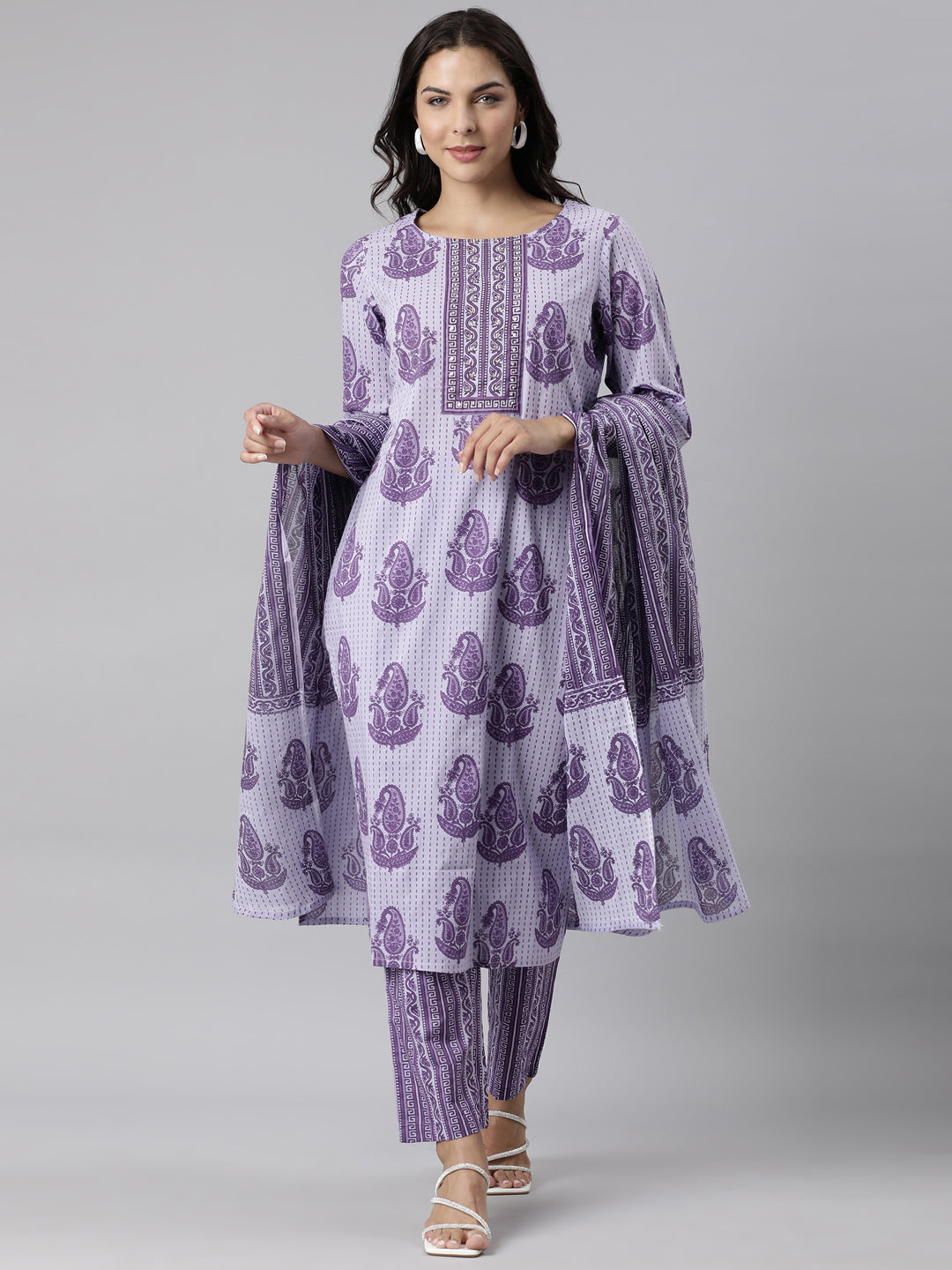 Neerus Purple cotton printed suit set - front view