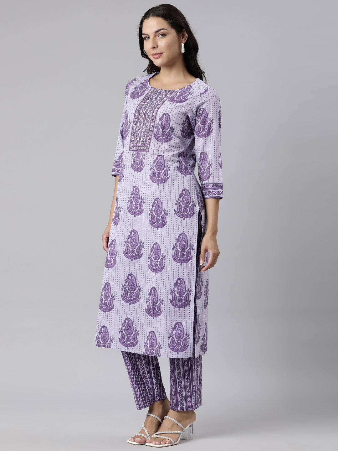 Neerus Purple cotton printed suit set - back view
