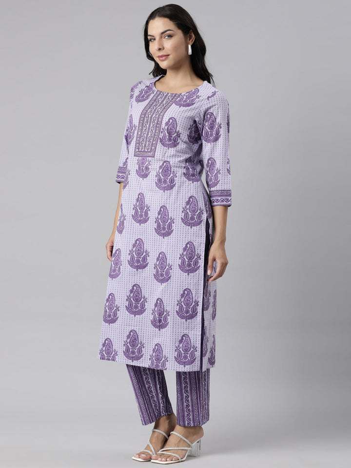 Neerus Purple cotton printed suit set - back view