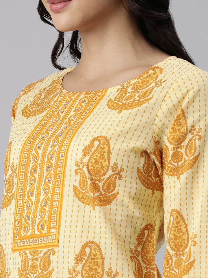 Neerus Yellow Panelled Straight Printed Kurta And Trousers With Dupatta