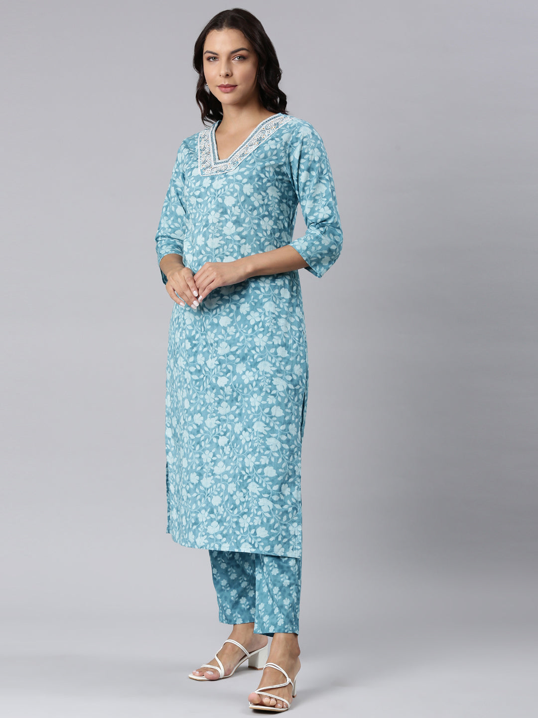 Neerus Green printed straight suit set kurta trouser dupatta - back view