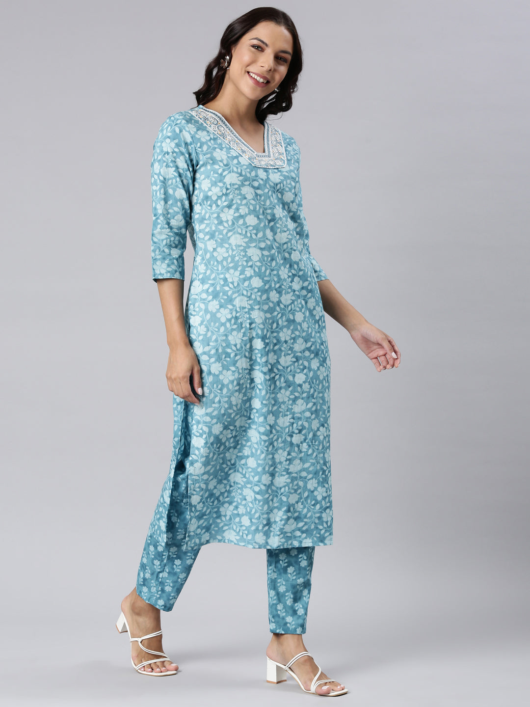 Neerus Green printed straight suit set kurta trouser dupatta - side view