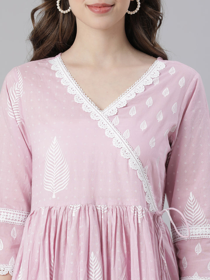 Neerus Pink Printed Anarkali Kurta and Trousers With Dupatta