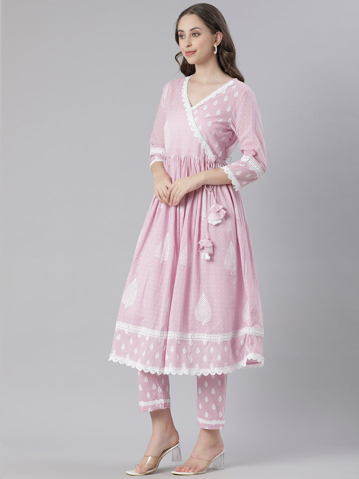 Neerus Pink Printed Anarkali Kurta and Trousers With Dupatta
