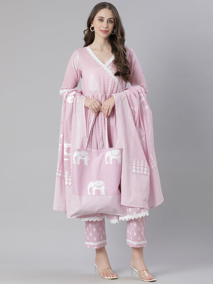 Neerus Pink Printed Anarkali Kurta and Trousers With Dupatta