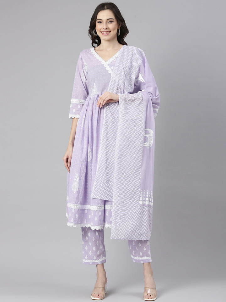 Neerus Lavender Printed Anarkali Kurta and Trousers With Dupatta and with bag