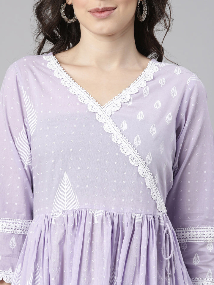 Neerus Lavender Printed Anarkali Kurta and Trousers With Dupatta and with bag