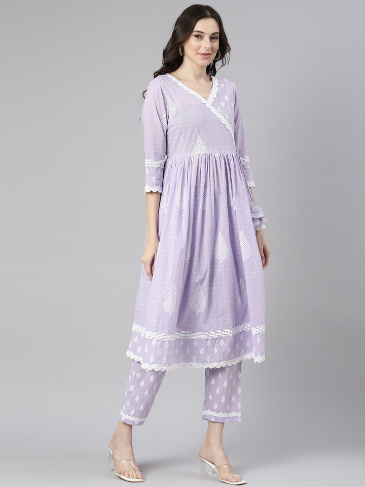 Neerus Lavender Printed Anarkali Kurta and Trousers With Dupatta and with bag